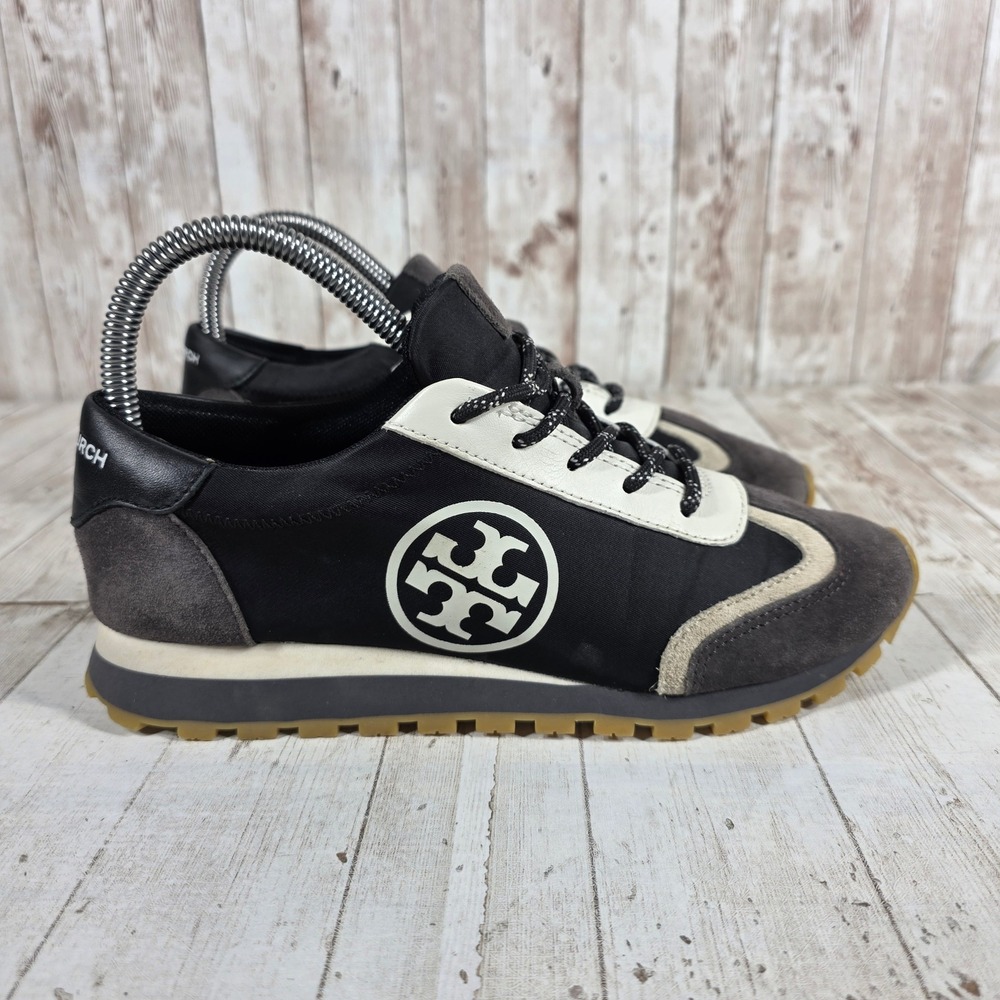 Tory Burch Adventure Sneakers Black Grey Cream Leather Textile 86887 Womens 6.5M